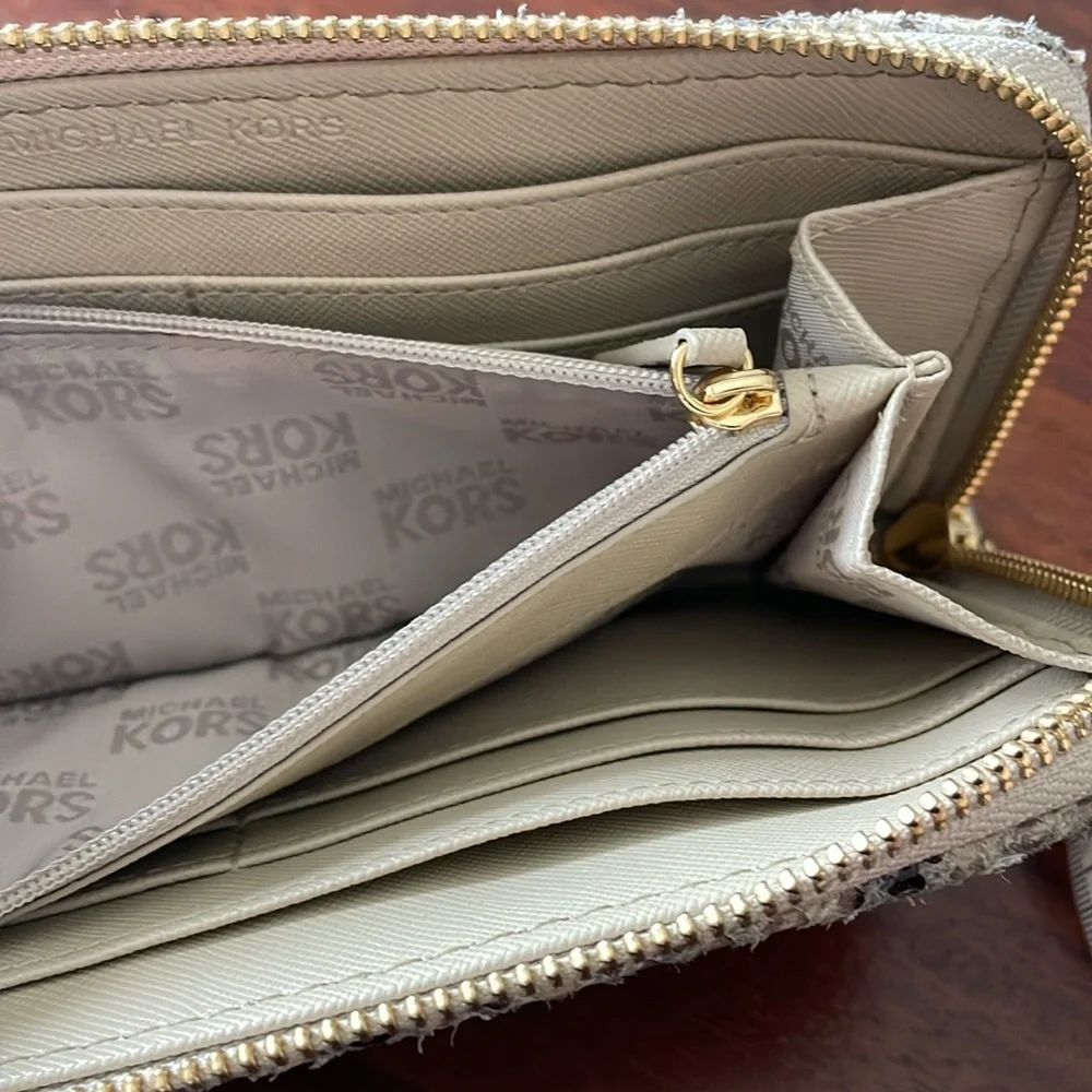 Michael Kors black brown snakeskin embossed logo gold tone zippered wallet